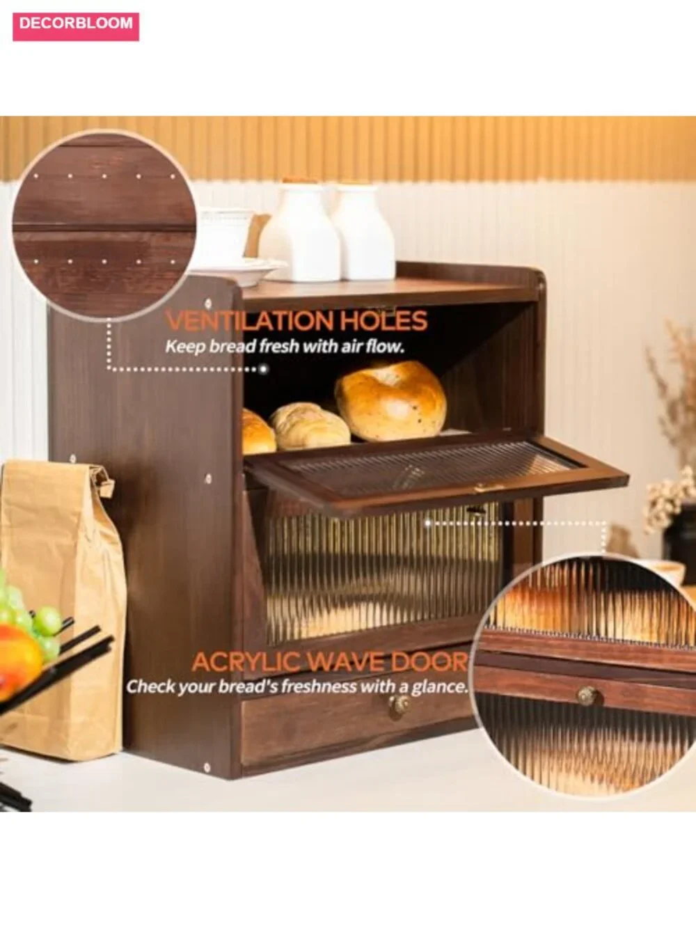 Solid Pine Wood Bread Box with Cutlery Drawer, 2-Tier Large Capacity, Vintage